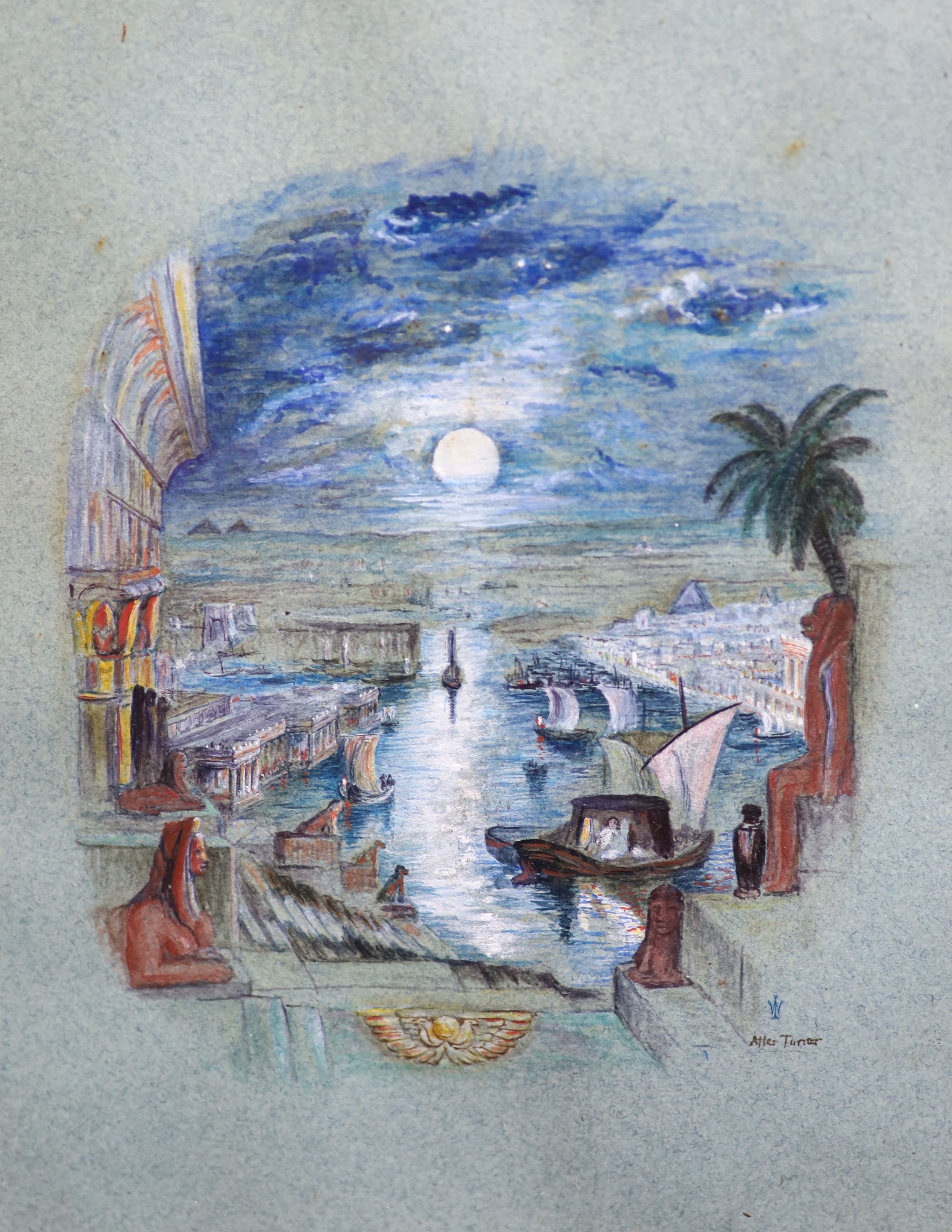 IW after Turner, watercolour, Egyptianesque harbour scene, monogrammed, 14 x 11cm.